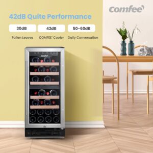 COMFEE' CRW28B7AST Freestanding & Built-in Wine Cooler, 28 Bottles Wine Fridge, Dual Cooling Zone, Digital Control, Glass Door Stainless Steel Frame