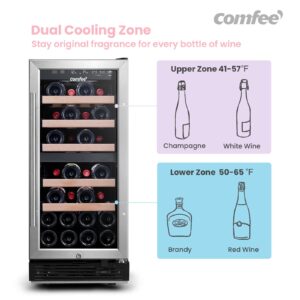 COMFEE' CRW28B7AST Freestanding & Built-in Wine Cooler, 28 Bottles Wine Fridge, Dual Cooling Zone, Digital Control, Glass Door Stainless Steel Frame