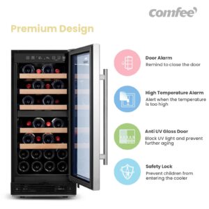 COMFEE' CRW28B7AST Freestanding & Built-in Wine Cooler, 28 Bottles Wine Fridge, Dual Cooling Zone, Digital Control, Glass Door Stainless Steel Frame