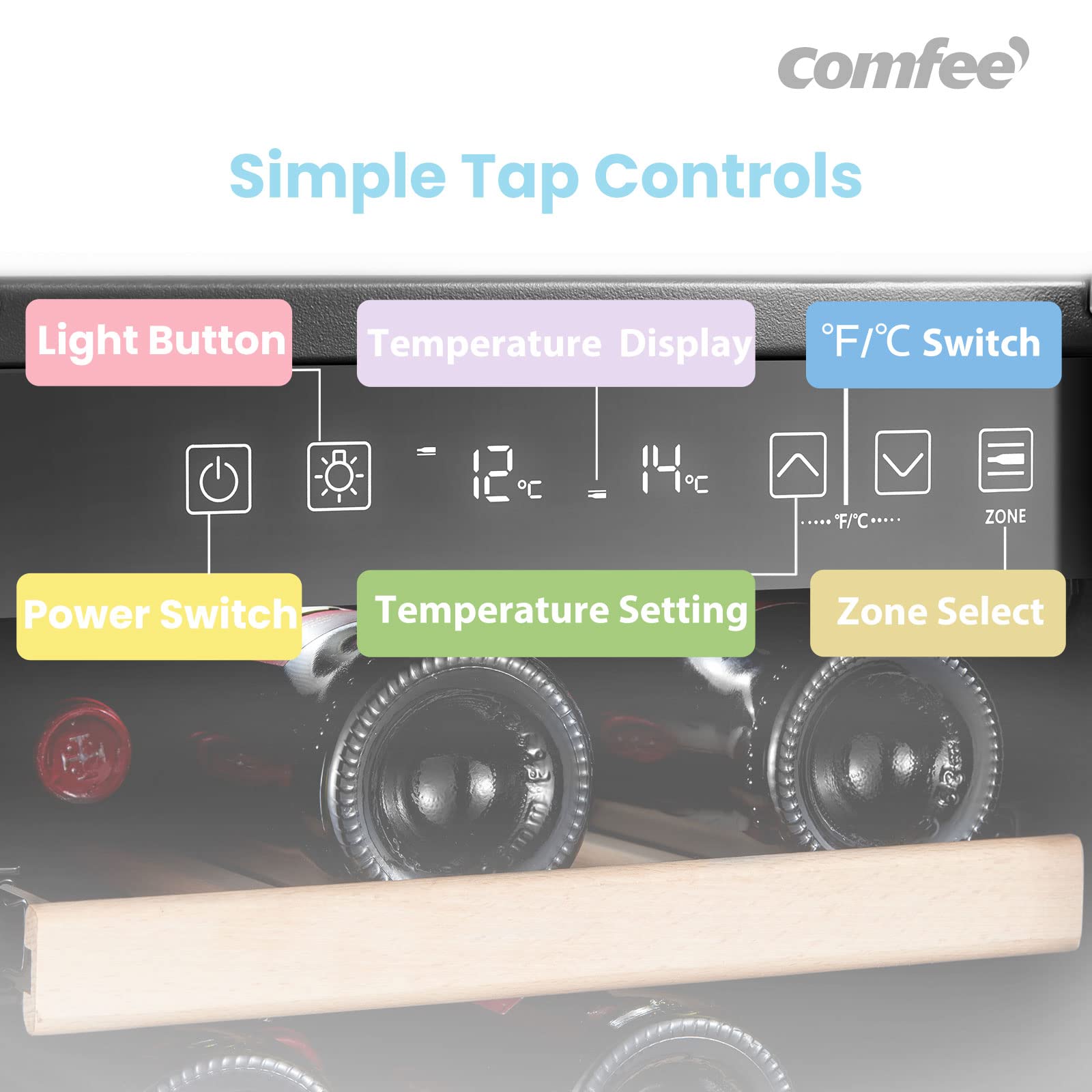 COMFEE' CRW28B7AST Freestanding & Built-in Wine Cooler, 28 Bottles Wine Fridge, Dual Cooling Zone, Digital Control, Glass Door Stainless Steel Frame