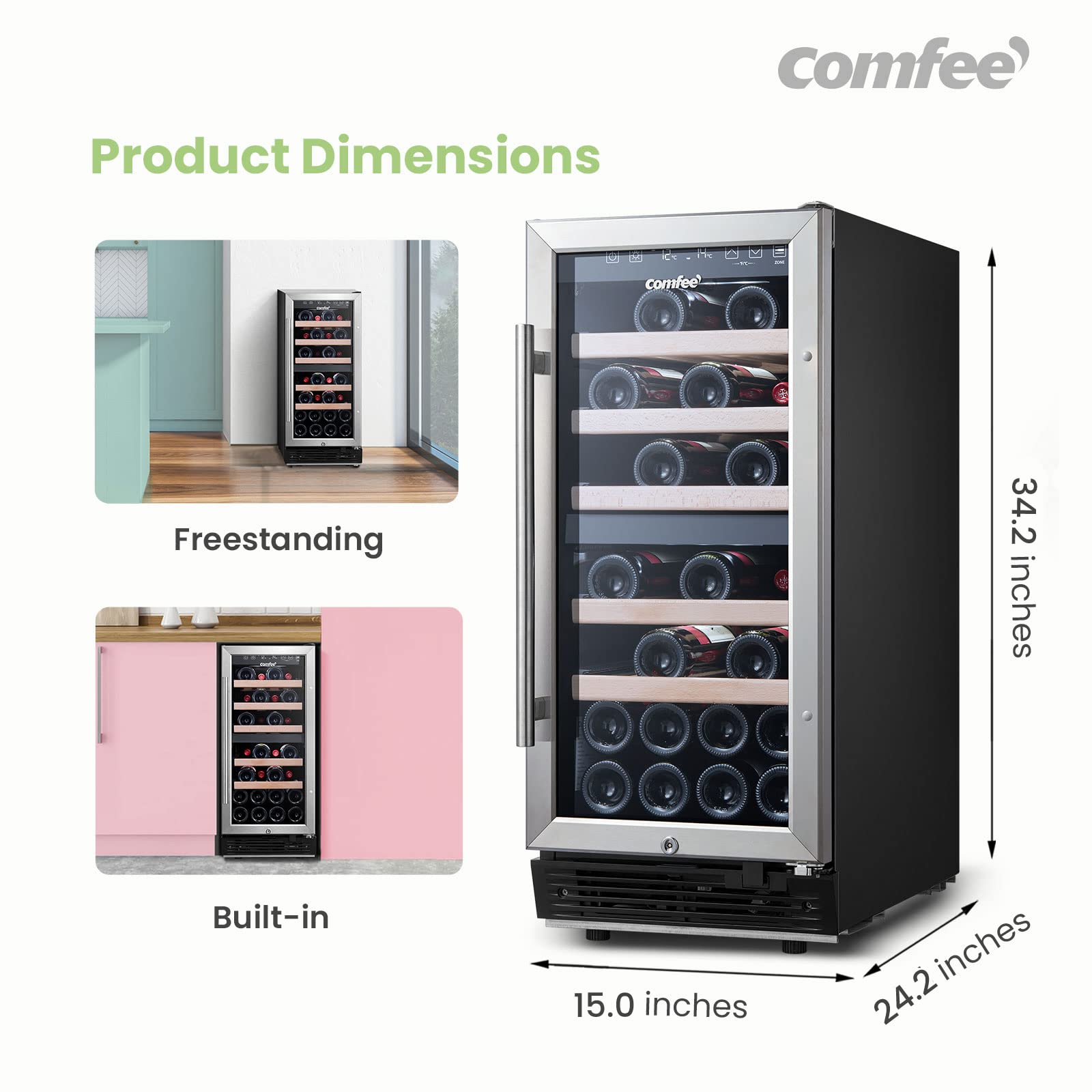 COMFEE' CRW28B7AST Freestanding & Built-in Wine Cooler, 28 Bottles Wine Fridge, Dual Cooling Zone, Digital Control, Glass Door Stainless Steel Frame