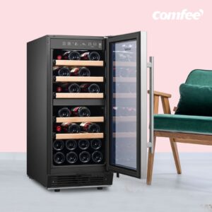 COMFEE' CRW28B7AST Freestanding & Built-in Wine Cooler, 28 Bottles Wine Fridge, Dual Cooling Zone, Digital Control, Glass Door Stainless Steel Frame