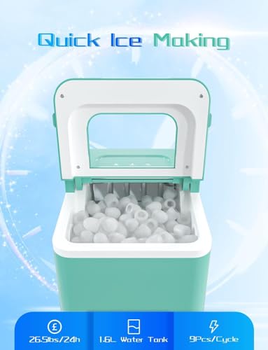 ARLIME Countertop Ice Maker Machine Portable Compact Ice Cube Maker, 9 Ice Ready in 8 Mins, 26Lbs/24H, Self-Cleaning Electric Ice Maker with Scoop and Basket for Home, Office, Party, Bar (Green)