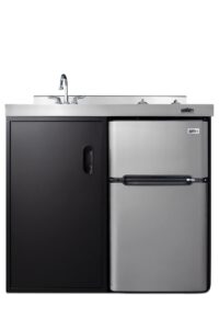 summit appliance c39elglassbk 39" wide all-in-one kitchenette in black with a 2-burner 115v smooth-top cooktop, 2-door refrigerator-freezer, sink, and large storage cabinet