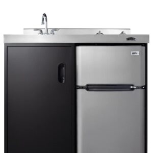 Summit Appliance C39ELGLASSBK 39" Wide All-in-One Kitchenette in Black with a 2-Burner 115V Smooth-Top Cooktop, 2-Door Refrigerator-Freezer, Sink, and Large Storage Cabinet