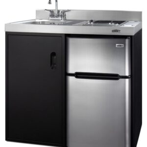 Summit Appliance C39ELGLASSBK 39" Wide All-in-One Kitchenette in Black with a 2-Burner 115V Smooth-Top Cooktop, 2-Door Refrigerator-Freezer, Sink, and Large Storage Cabinet