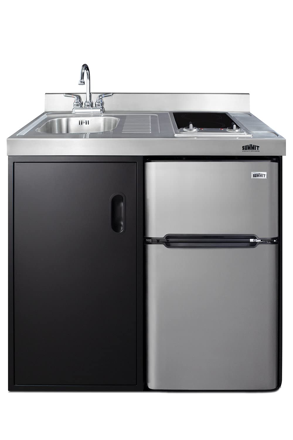 Summit Appliance C39ELGLASSBK 39" Wide All-in-One Kitchenette in Black with a 2-Burner 115V Smooth-Top Cooktop, 2-Door Refrigerator-Freezer, Sink, and Large Storage Cabinet