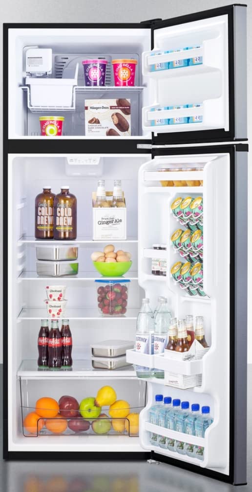 Summit Appliance FF1293SSIM 24" Wide Top Mount Frost-Free Refrigerator-Freezer with Icemaker in Stainless Steel Look, Black Cabinet, Adjustable Thermostat, Door Storage, Interior LED Lighting