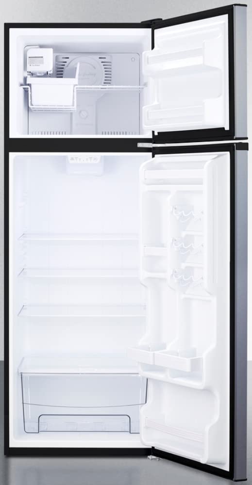 Summit Appliance FF1293SSIM 24" Wide Top Mount Frost-Free Refrigerator-Freezer with Icemaker in Stainless Steel Look, Black Cabinet, Adjustable Thermostat, Door Storage, Interior LED Lighting