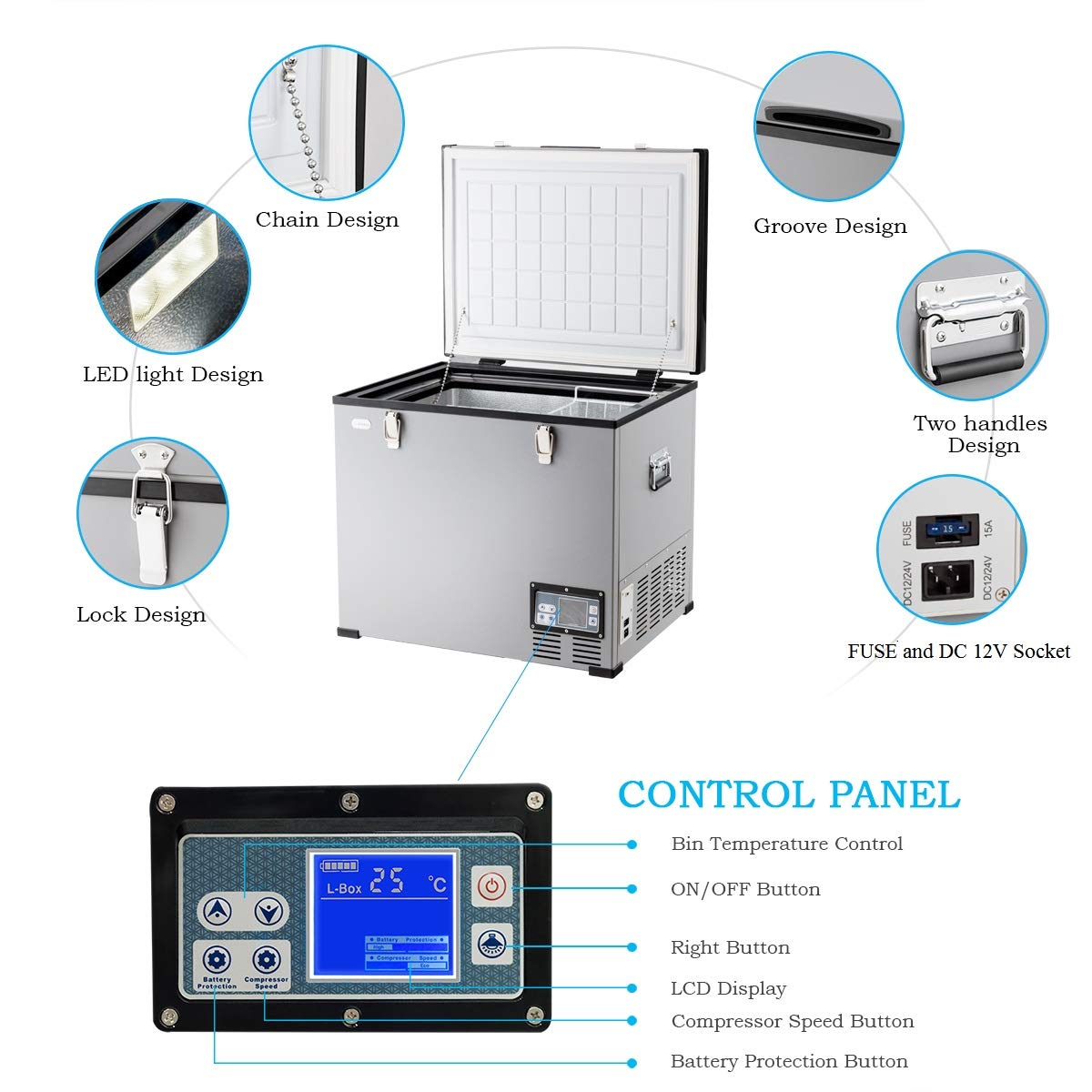 COSTWAY Chest Freezer, 63-Quart Compressor Travel Refrigerator with 3 Levels, -0.4°F to 50°F, Adjustable Temperature, LCD Display, 2.3 Cu.ft Single Door Vehicle Fridge for Car, Home, Camping