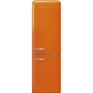 smeg fab32 50's retro style aesthetic bottom freezer refrigerator with 12.75 cu total capacity multiflow cooling system adjustable glass shelves 24-inches orange right hand hinge