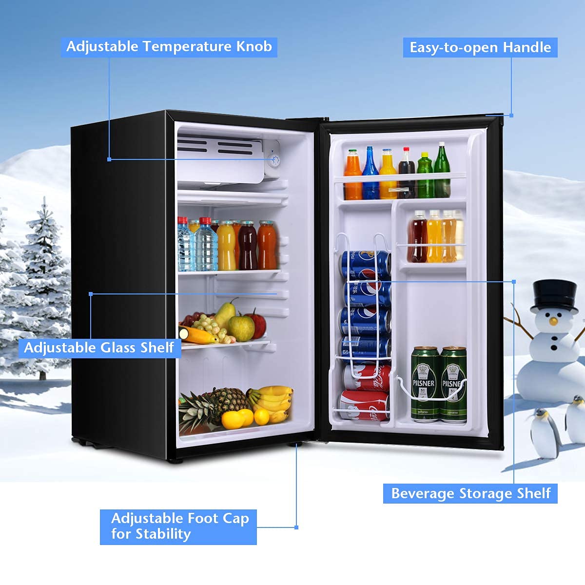 KOTEK 3.2 Cu.Ft Mini Fridge with Freezer, Compact Refrigerator w/ 7 Level Adjustable Thermostat & Single Reversible Door, Small Dorm Fridge with Freezer for Bedroom/Bar/Office/Apartment(Black)