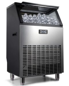 commercial ice maker - produces 200lbs of ice in 24 hrs with 55lbs storage bin -automatic ice cube making machine with self clean, stainless steel freestanding ice machine for bar coffee shop business