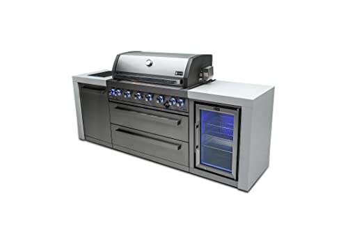 Mont Alpi MAi805-DFC 44-inch 6-Burner 115000 BTU Deluxe Stainless Steel Island Outdoor Kitchen Gas Barbecue Grill+ Fridge Cabinet + Granite Countertops and Sides + Infrared Side Burner