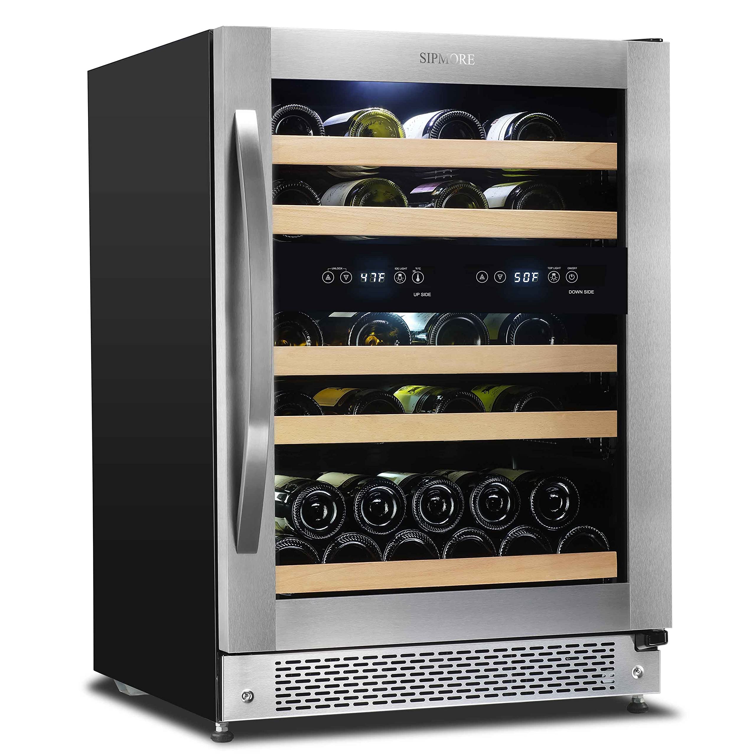 SIPMORE Wine Cooler Built-in Multi-Size Bottle, TS-1 series Wine refrigerator, Double-Layer Tempered Glass Door, Stainless Steel, Front Ventilation (24 Inch xxx Bottles)