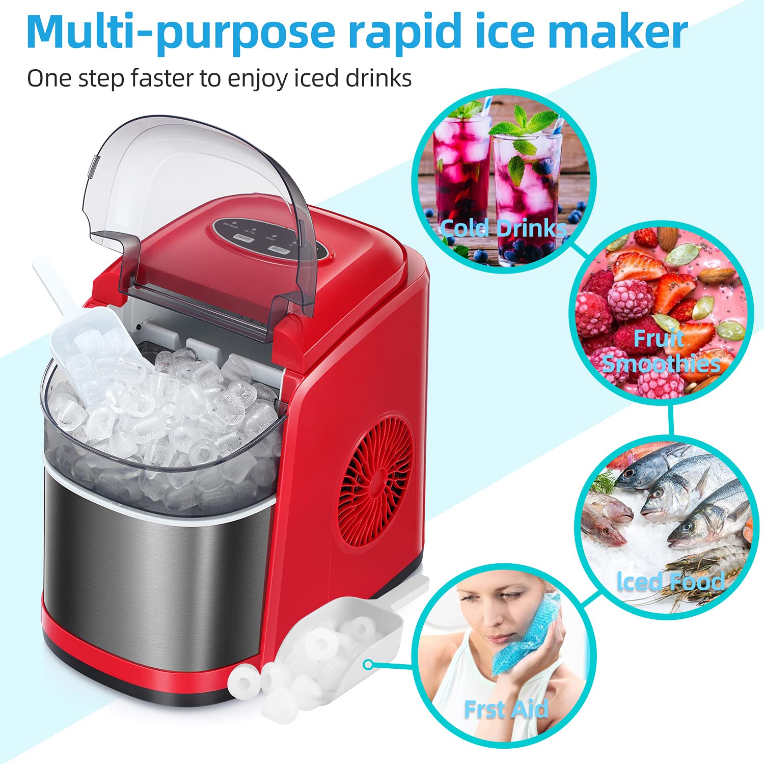 LHRIVER Countertop Ice Maker, 26Lbs/24H Portable Ice Maker with Self-Cleaning Function, 2 Size Optional, Compact Ice Machine for Home/Office/Bar (Black and Red)