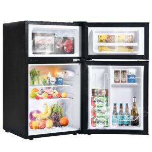 merax, black mini fridge with freezer, 3.2cu.ft compact refrigerator with two reversible doors for office, dorm or bedroom, adjustable mechanical thermostat, 18.9''l x 19.69''w x 32.68''h