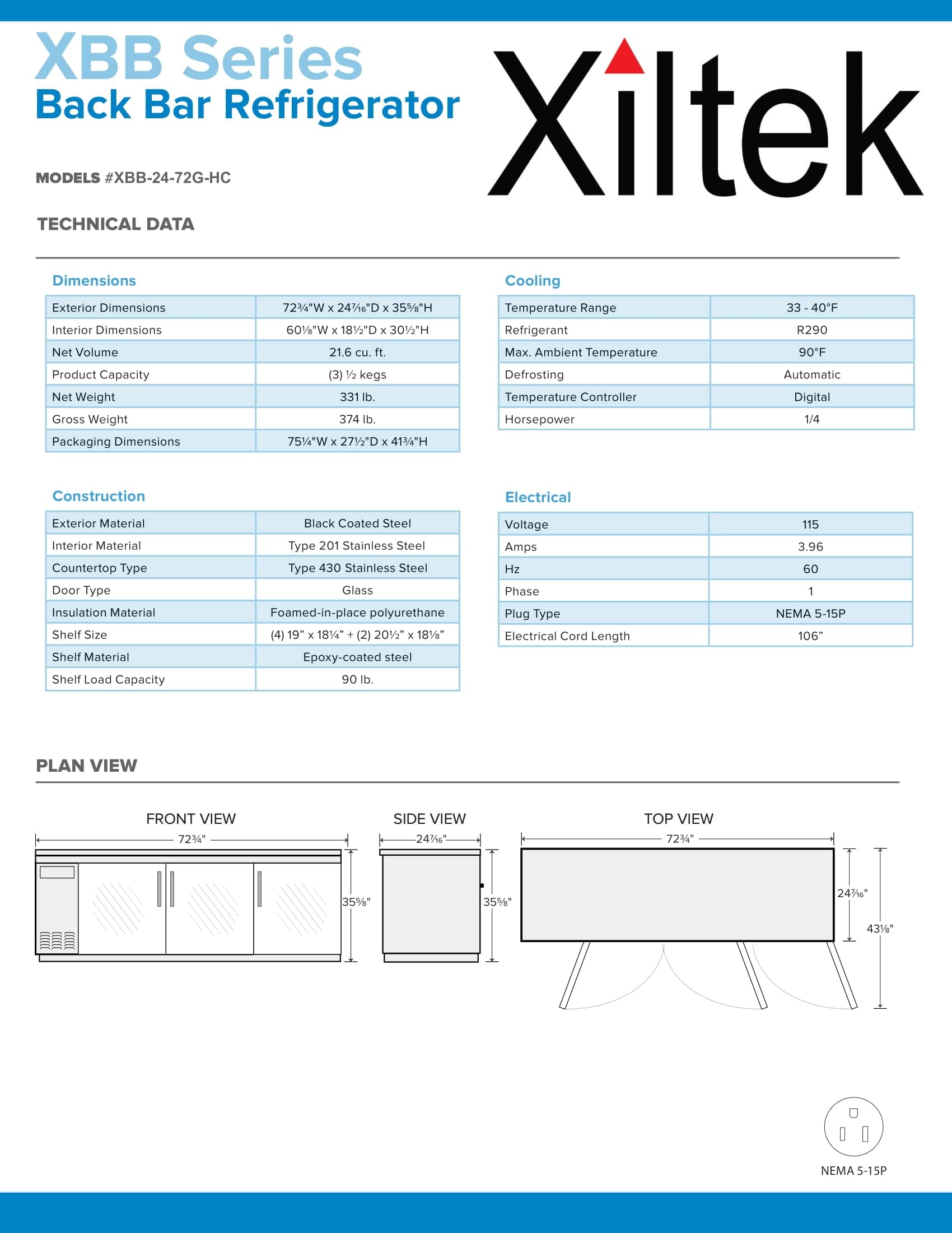 Xiltek New 72" Three Glass Door Back Bar Beer Cooler Refrigerator