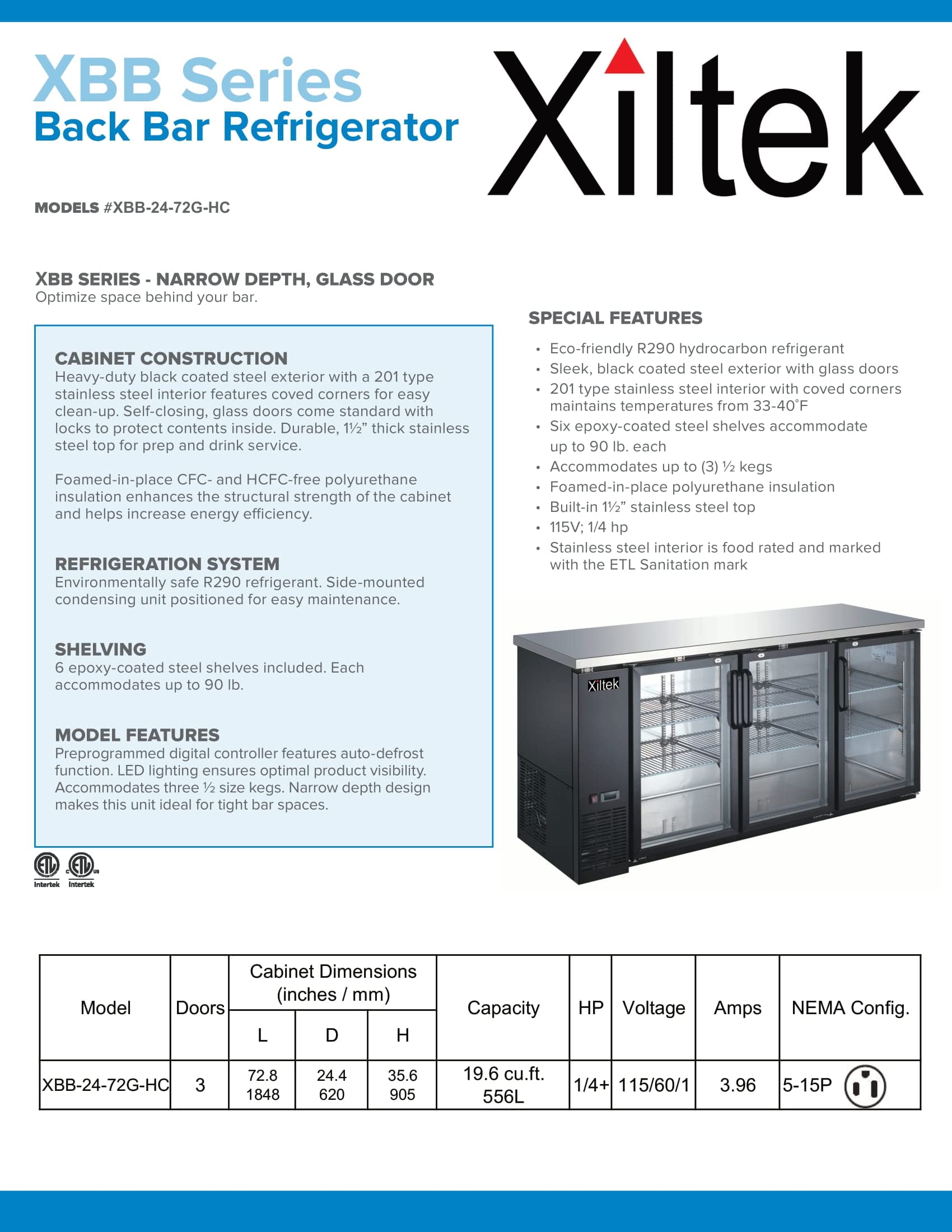 Xiltek New 72" Three Glass Door Back Bar Beer Cooler Refrigerator