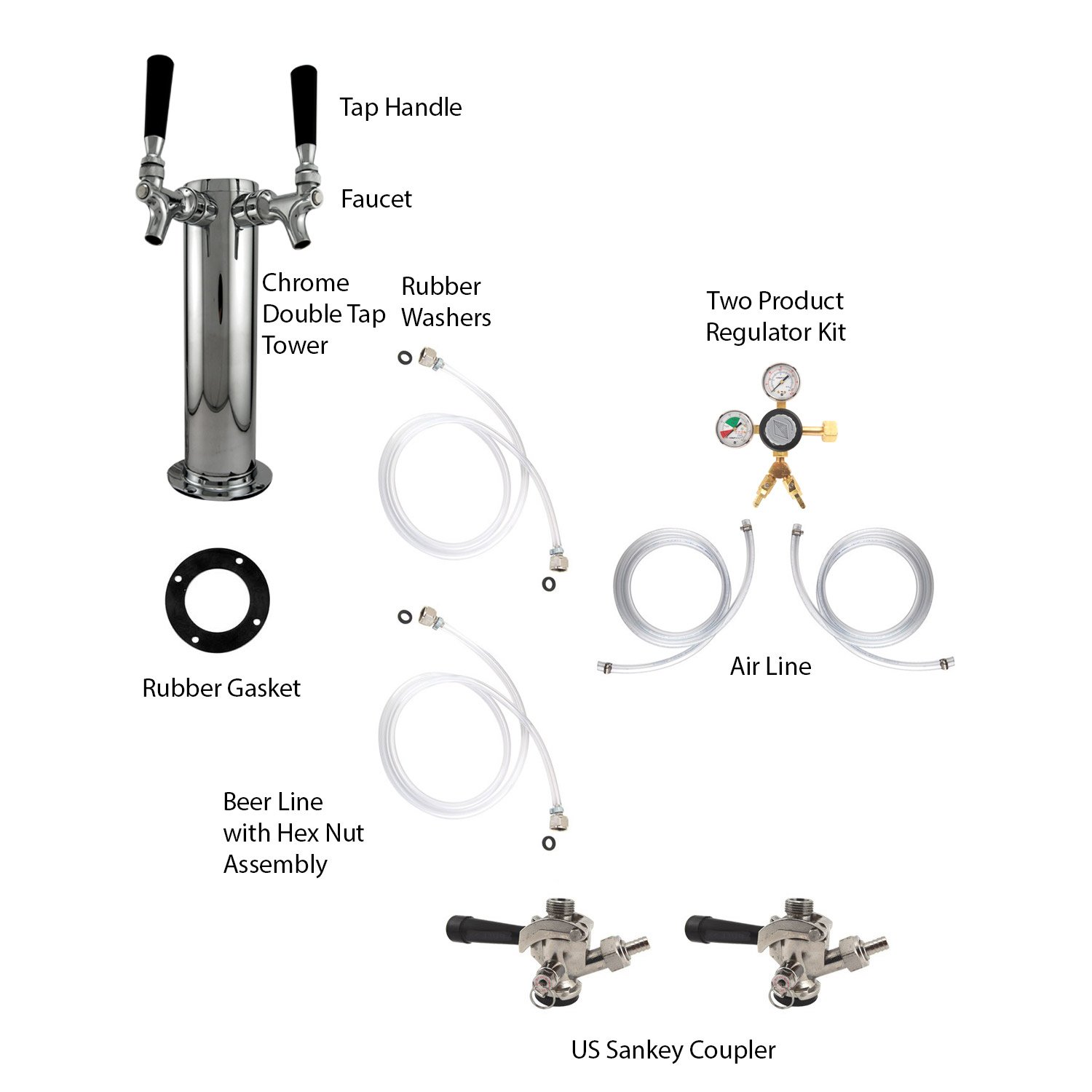 KegWorks Double Tap Tower Kegerator Conversion Kit with Stainless Steel Tower (No CO2 Tank)