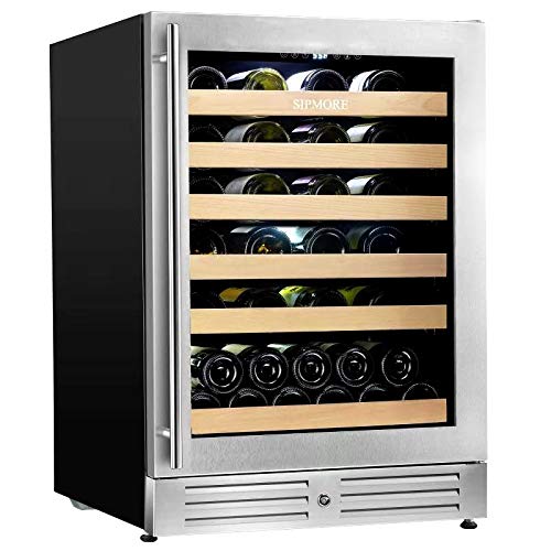 SIPMORE Wine Cooler Built-in Multi-Size Bottle, TS-2 series Wine refrigerator, Double-Layer Tempered Glass Door, Stainless Steel, Front Ventilation (24 Inch 51 Bottles)