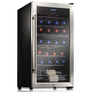 nutrichef pkcwcds288 compressor cooler refrigerator cooling system | large freestanding wine cellar fridge for red white champagne or sparkling, glass door, 28 bottle dual zone-stainless steel