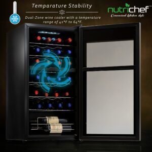 NutriChef PKCWCDS288 Compressor Cooler Refrigerator Cooling System | Large Freestanding Wine Cellar Fridge For Red White Champagne or Sparkling, Glass Door, 28 Bottle Dual Zone-Stainless Steel