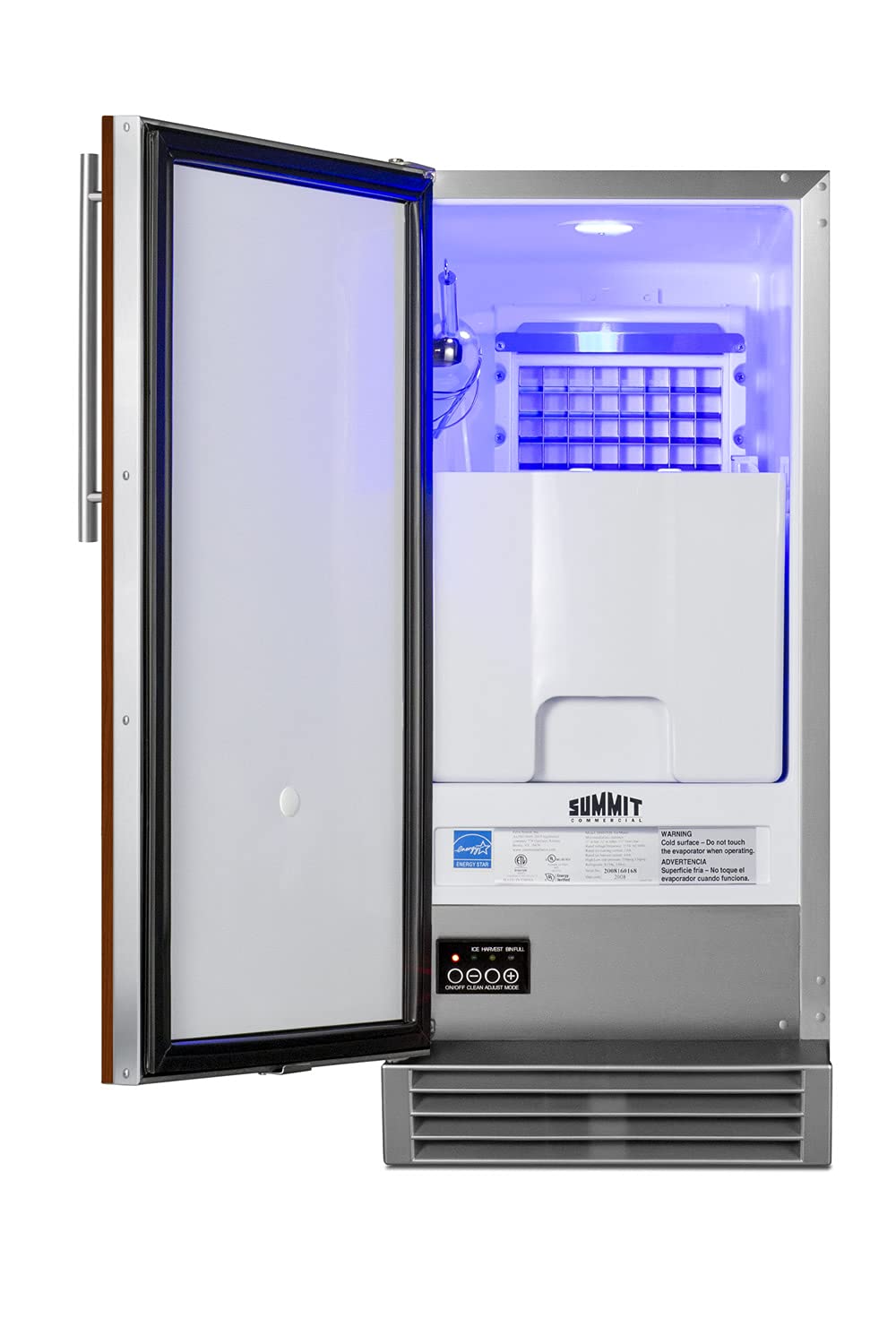 Summit Appliance BIM44GCSS Built-in Icemaker, 50 lb Production Capacity, Built-in Pump, Automatic Defrost, Touch Control Panel, Insulated Storage Bin, Leveling Legs, Interior Light