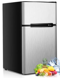 nafort mini fridge with freezer, 3.2cu.ft 2-door compact refrigerator with reversible door, removable glass basket/shelves & recessed handle for home, bedroom, office, dorm, garage (grey)