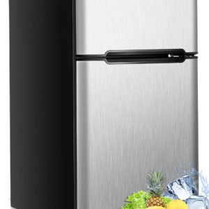 Nafort Mini Fridge with Freezer, 3.2Cu.ft 2-Door Compact Refrigerator with Reversible Door, Removable Glass Basket/Shelves & Recessed Handle for Home, Bedroom, Office, Dorm, Garage (Grey)