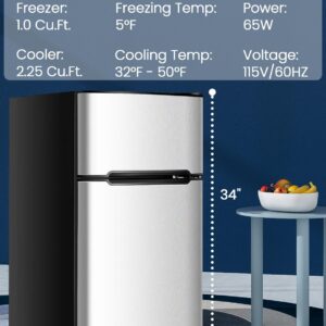 Nafort Mini Fridge with Freezer, 3.2Cu.ft 2-Door Compact Refrigerator with Reversible Door, Removable Glass Basket/Shelves & Recessed Handle for Home, Bedroom, Office, Dorm, Garage (Grey)