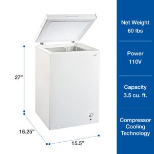 Koolatron Compact Chest Freezer, 3.5 cu ft (99L), White, Manual Defrost Deep Freeze, Storage Basket, Space-Saving Flat Back, Stay-Open Lid, Front-Access Defrost Drain, for Apartment, Condo, Cottage