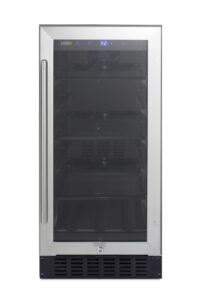 summit appliance albv15 ada compliant 15" wide built-in undercounter beverage center for home or commercial use with glass door, automatic defrost, lock, digital thermostat and black cabinet