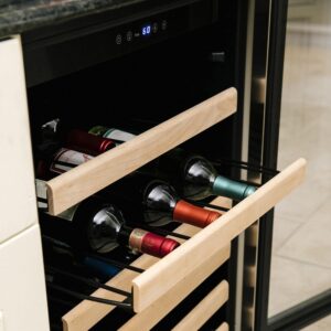 Azure A124WCO Wine Center with 5.1 cu. ft. Capacity Blue LED Lighting ADA Compliant Field Reversible Door 6 Wine Racks with Wood Front in Panel Ready