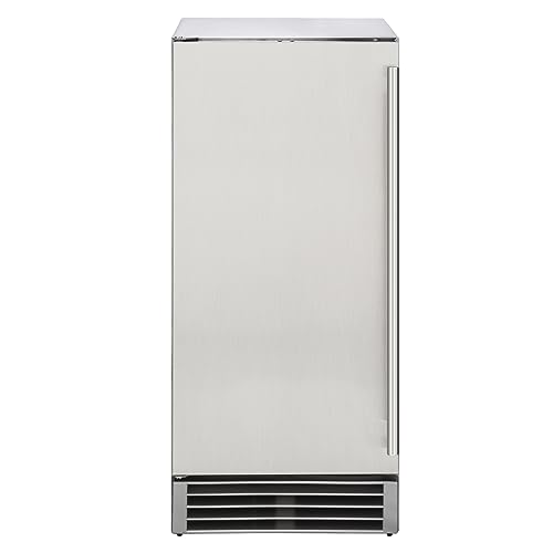 Maxx Ice MIM50P-O Indoor Outdoor Energy Star Built-in Under Counter Clear Ice Maker Machine with Drain Pump Reversible Door 65 Pound Production and 25 Pound Storage Capacity, 14.6" Wide, Silver
