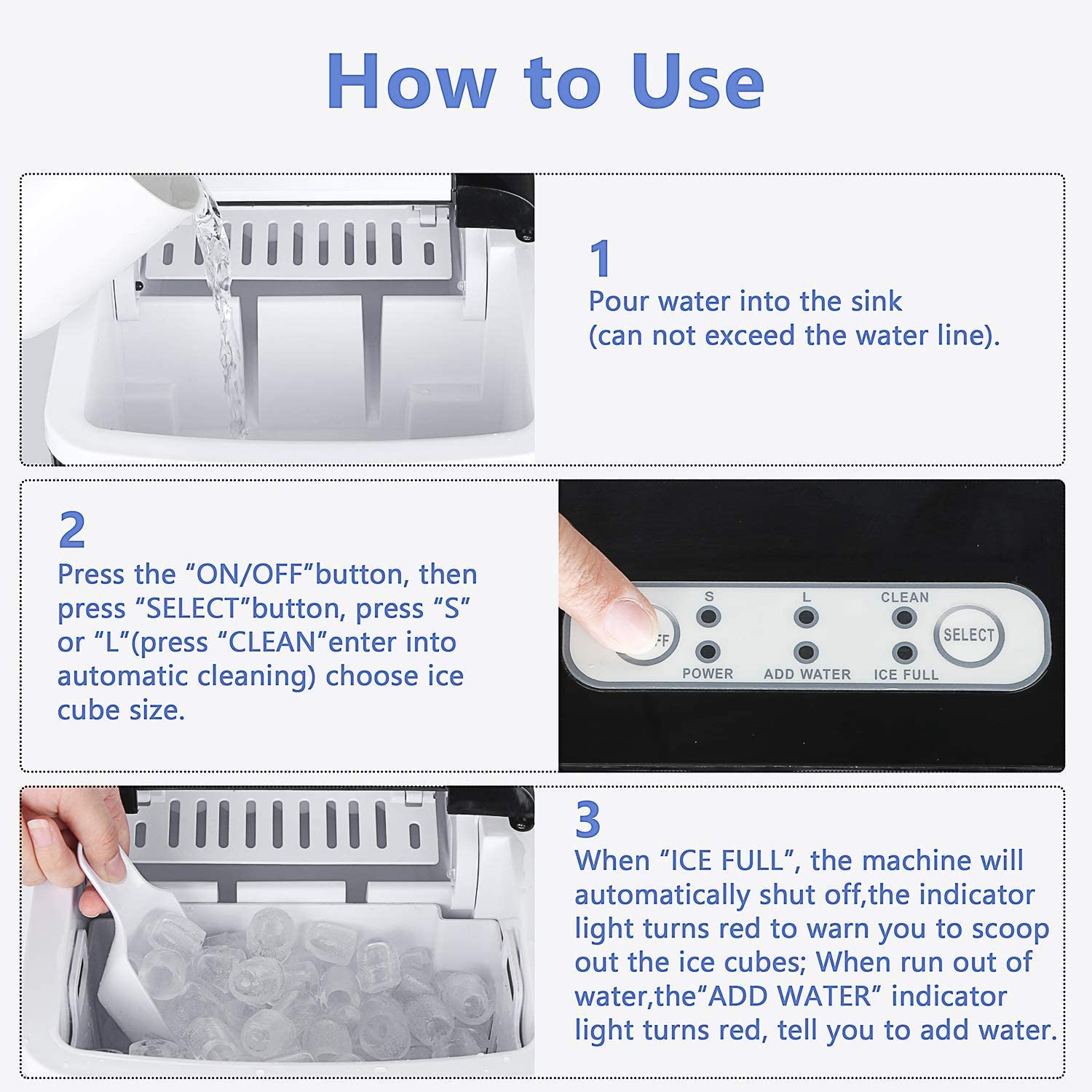 HHEE Ice Maker Machine for Countertop - Self-Cleaning Function, 26Lbs/24H Portable Maker, 9 Cubes Ready in 8Mins, Compact Cube with Scoop & Basket Home Kitchen Office Bar white 12.2* 9.0*12.8 inches