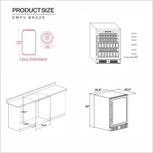 Empava EMPV-BR02S 140 Can Capacity Beverage, Mini Glass Door Built-in Counter or Freestanding Drink Fridge Cool Your Beer Soda to 37F for Kitchen, Bar or Office, 24 Inch, Stainless Steel