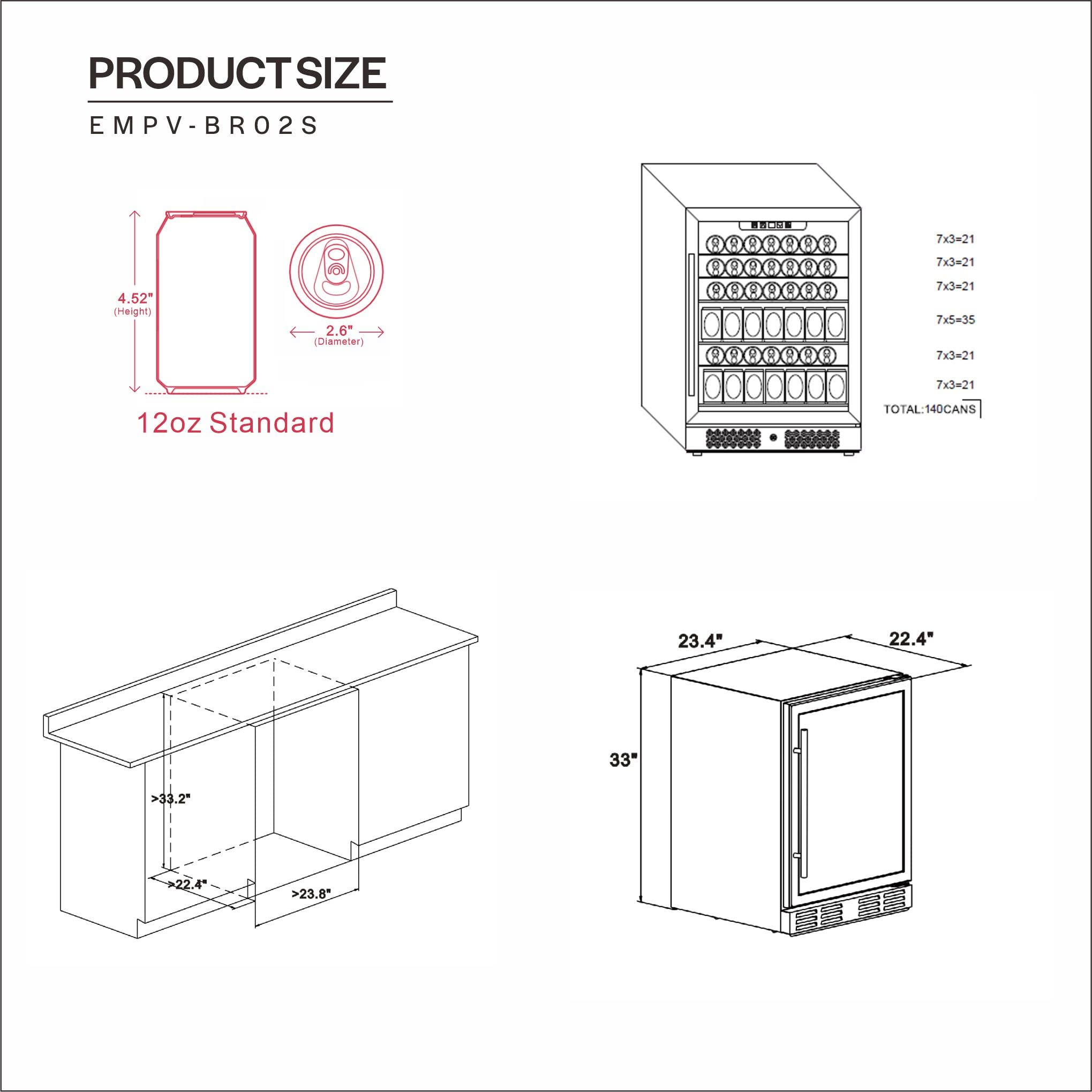 Empava EMPV-BR02S 140 Can Capacity Beverage, Mini Glass Door Built-in Counter or Freestanding Drink Fridge Cool Your Beer Soda to 37F for Kitchen, Bar or Office, 24 Inch, Stainless Steel