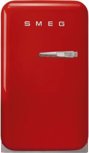smeg fab5ulrd3 16" 50's retro style series compact cooler with 1.5 cu. ft. capacity automatic defrost led interior lighting and adjustable shelves red, left hand hinge