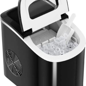 LDAILY Countertop Ice Maker, Make 26 lbs Ice in 24 Hours, Ice Cubes Ready in 6 Mins, High Efficiency Ice Maker with Ice Scoop and Basket, Portable and Compact Ice Machine for Home, Office, Black