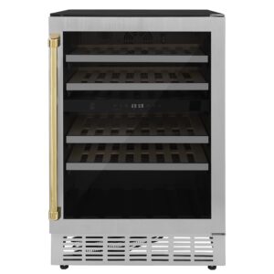 z line kitchen and bath zline 24" monument autograph edition dual zone 44-bottle wine cooler in stainless steel with polished gold accents (rwvz-ud-24-g)