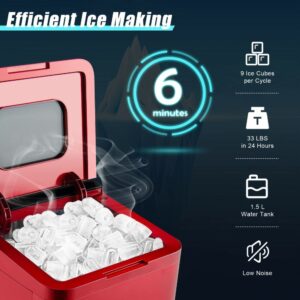 Ice Makers Countertop, Self-Cleaning Ice Maker with Ice Basket, 9pcs/ 6mins 33 LBS/24 H for Home/Office/Kitchen,Red