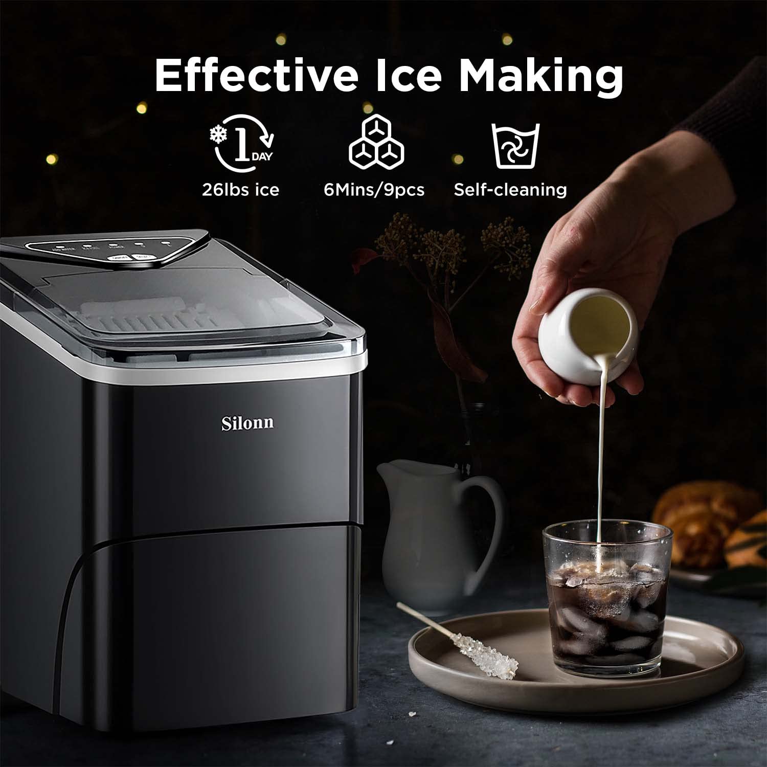 COMFEE 3.3 Cubic Feet Solo Series Retro Refrigerator Sleek Appearance HIPS Interior [Black] & Silonn Ice Makers Countertop, 9 Cubes Ready in 6 Mins, 26lbs in 24Hrs, Self-Cleaning Ice Machine