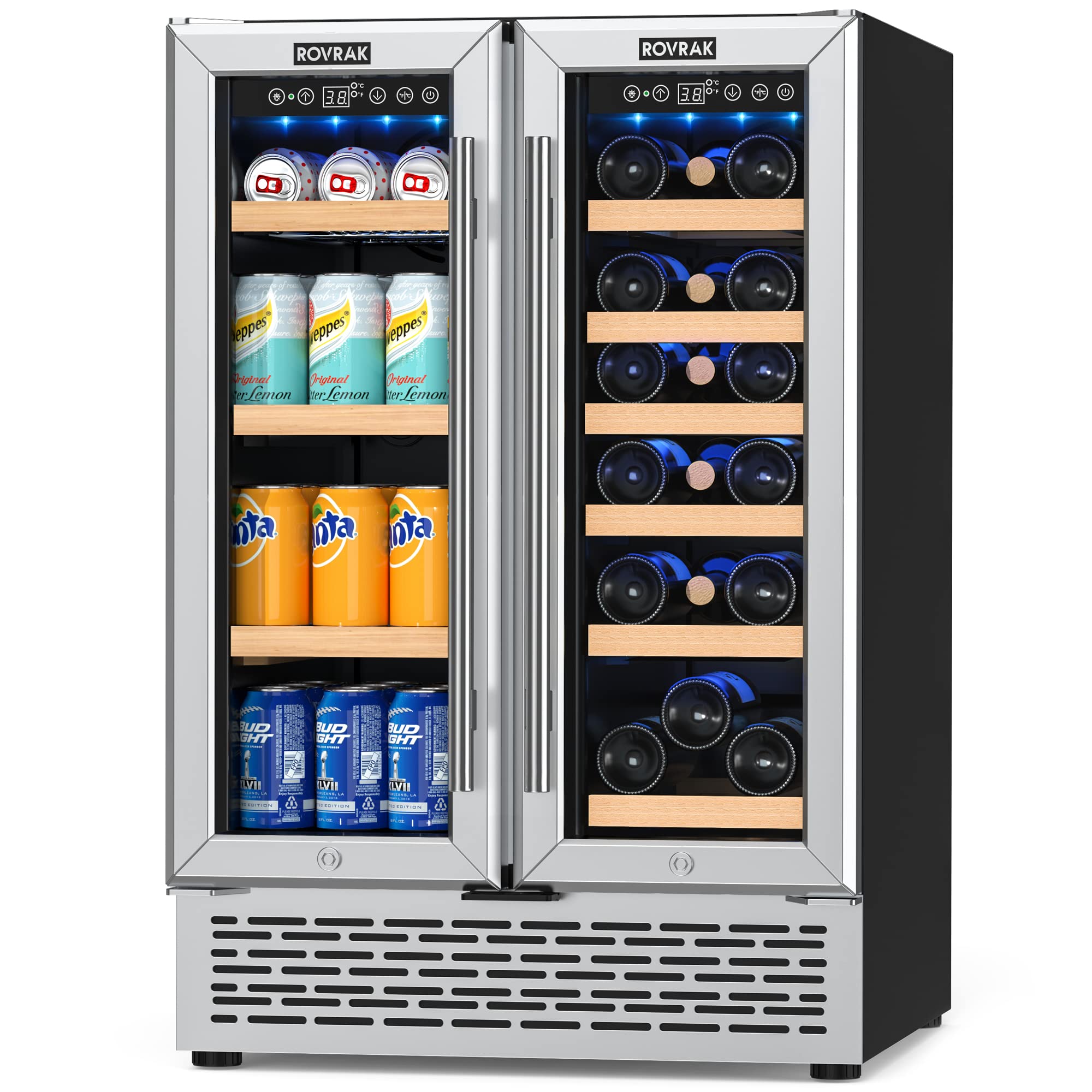 ROVRAk 2-in-1 Beverage and Wine Refrigerator, 24 Inch Dual Zone Quick Cooling Compressor Multifunctional Wine Cooler for 18 Bottle and 57 Cans