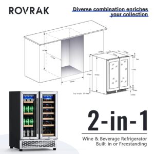 ROVRAk 2-in-1 Beverage and Wine Refrigerator, 24 Inch Dual Zone Quick Cooling Compressor Multifunctional Wine Cooler for 18 Bottle and 57 Cans