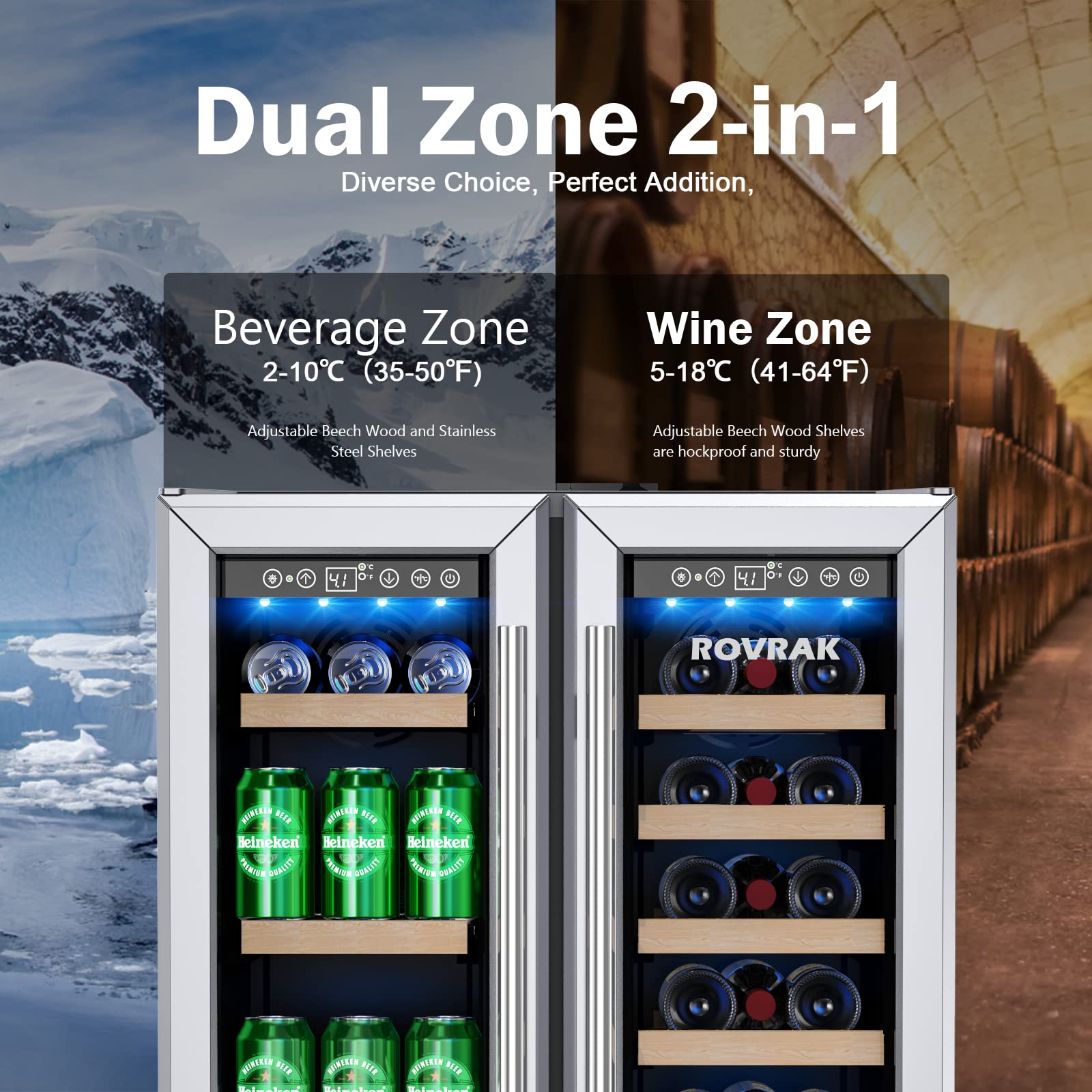 ROVRAk 2-in-1 Beverage and Wine Refrigerator, 24 Inch Dual Zone Quick Cooling Compressor Multifunctional Wine Cooler for 18 Bottle and 57 Cans