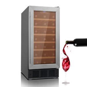 smad 15 inch wine cooler under counter, 31 bottle built in wine fridge with wood shelf, double reversible glass door, digital temperature control, super quiet, stainless steel, black