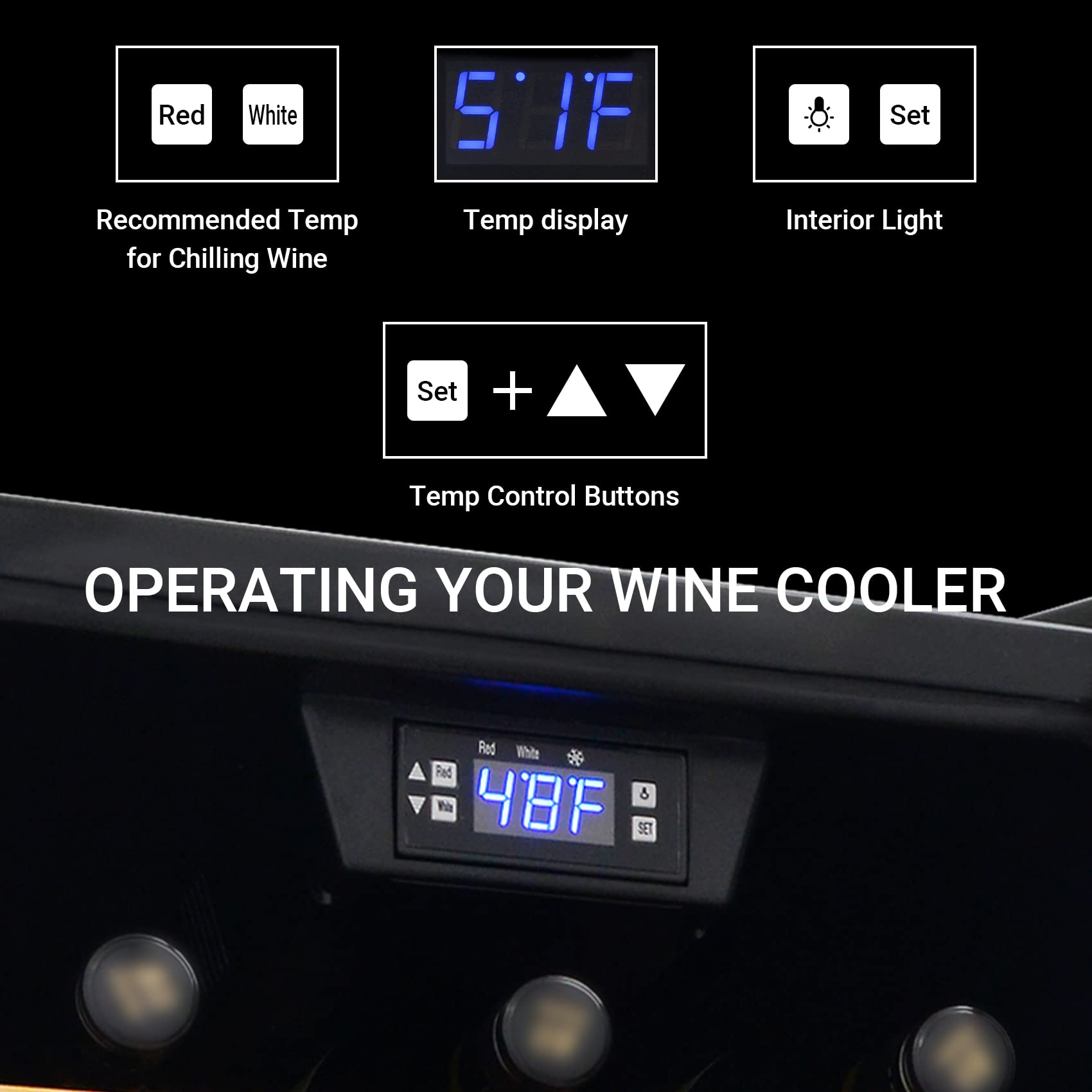 Smad 15 inch Wine Cooler Under Counter, 31 Bottle Built in Wine Fridge with Wood Shelf, Double Reversible Glass Door, Digital Temperature Control, Super Quiet, Stainless Steel, Black