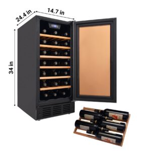 Smad 15 inch Wine Cooler Under Counter, 31 Bottle Built in Wine Fridge with Wood Shelf, Double Reversible Glass Door, Digital Temperature Control, Super Quiet, Stainless Steel, Black