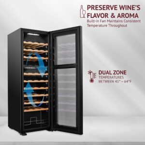 Schmecke 44 Bottle Dual Zone Wine Cooler Refrigerator | Large Freestanding Wine Cellar | 41f-64f Digital Temperature Control Wine Fridge For Red, White, Champagne or Sparkling Wine - Black